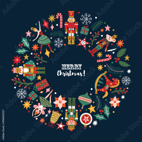 Christmas wreath with cute motifs from the ballet Nutcracker. Vector template. Retro design.