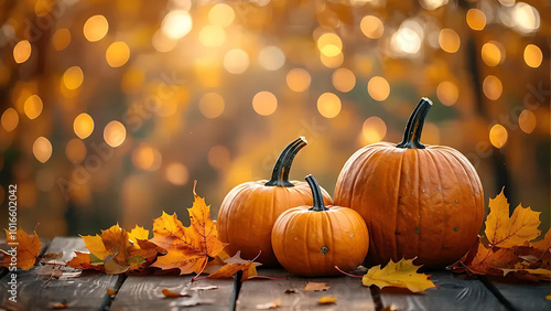 Three pumpkins surrounded by autumn leaves, glowing in warm bokeh lights, creating a cozy fall atmosphere.