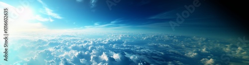 Heavenly panoramic aerial background photo of blue sky and white clouds, cloudscape with horizon. Generative AI