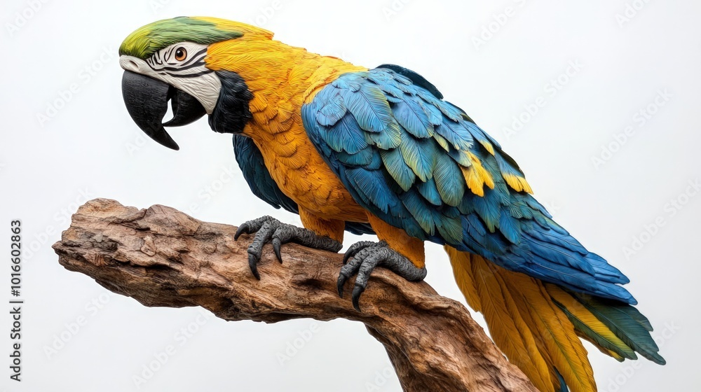 Fototapeta premium A blue and yellow macaw perched on a branch against a white background.