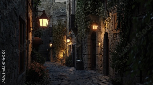 A narrow European alley lit by old-fashioned streetlights, highlighting the stone walls and quiet ambiance.