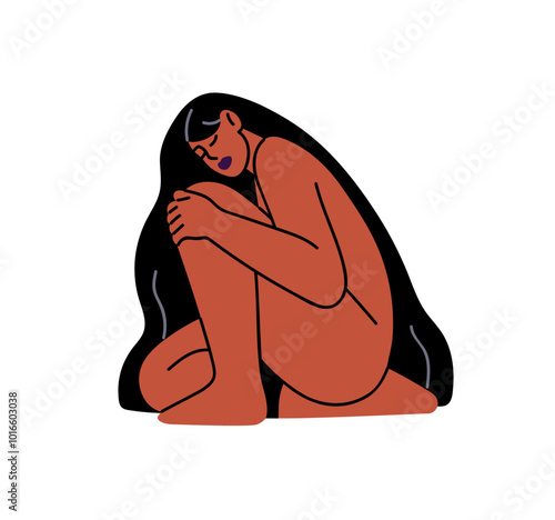 Happy young woman with naked body hugs herself. Sensual nude girl with long hair sits, cuddles her leg. Concept of self care, love and acceptance. Flat isolated vector illustration on white background