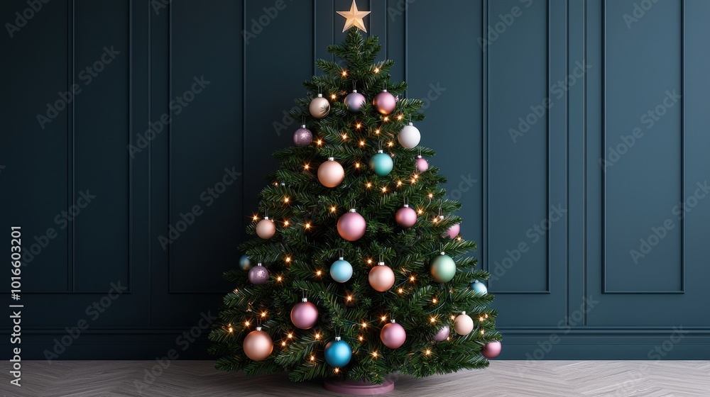 Decorated Christmas tree with ornaments and lights. Decorated Christmas tree with ornaments and lights.