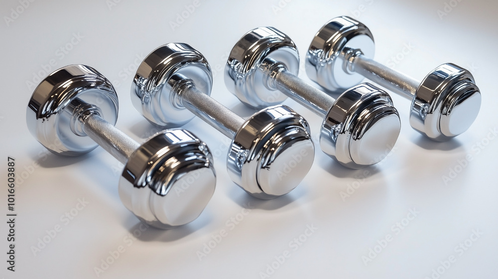 Four dumbbells are lined up on a white surface Four dumbbells are lined up on a white surface