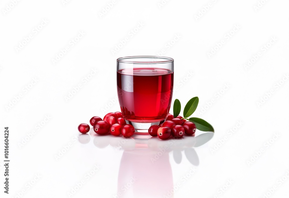 A glass of cranberry juice sits on a white surface with fresh cranberries and a green sprig next to it. A glass of cranberry juice sits on a white surface with fresh cranberries and a green sprig next to it.