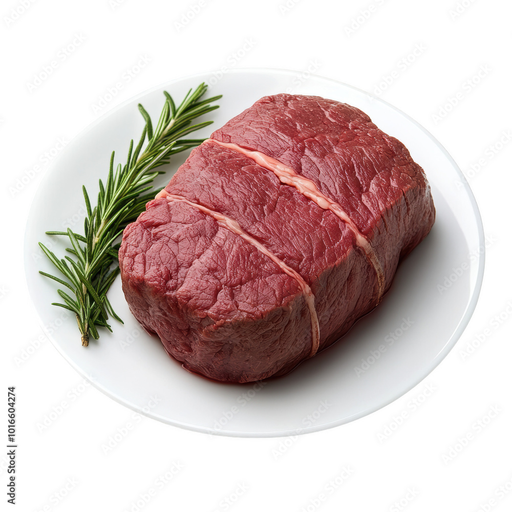 Tender raw beef with fresh rosemary sprig isolated on white background Tender raw beef with fresh rosemary sprig isolated on white background
