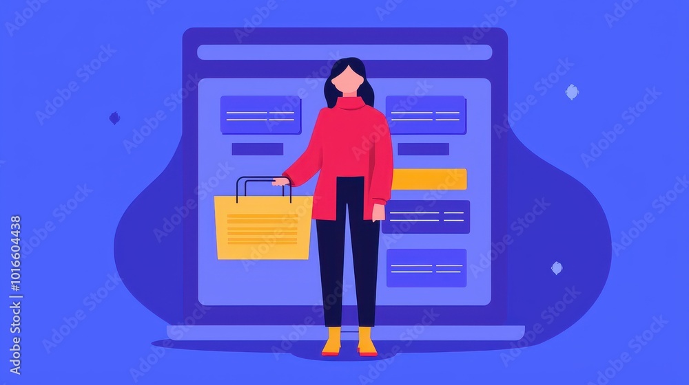 A woman holding a shopping bag stands in front of an online checkout interface with vibrant colors. A woman holding a shopping bag stands in front of an online checkout interface with vibrant colors.