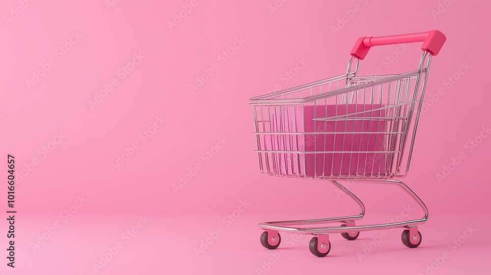 A silver shopping cart with a pink handle is positioned on a pink background, evoking a vibrant and playful retail atmosphere. A silver shopping cart with a pink handle is positioned on a pink background, evoking a vibrant and playful retail atmosphere.