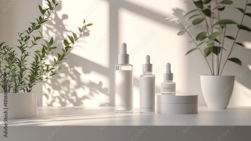 Skincare serums on a clean white 3D display with soft spotlight. Skincare serums on a clean white 3D display with soft spotlight.