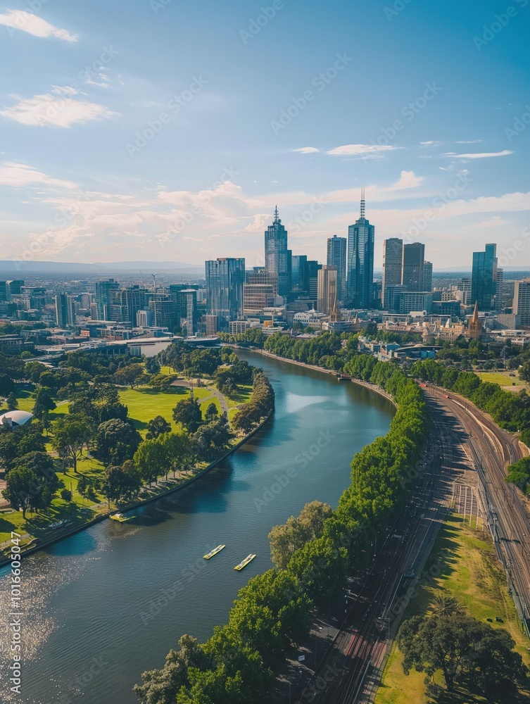 Obraz premium Melbourne cityscape with skyscraper, curved facade, Yarra River, green trees, urban landscape. Modern architecture, city skyline, riverbank, roads, buildings. Sunny day, clear blue sky, scattered