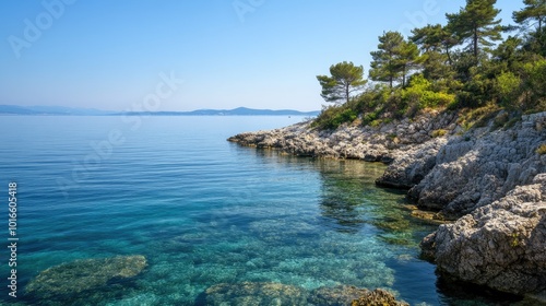 The calm blue sea along the European shore, no people, with space for travel content or design