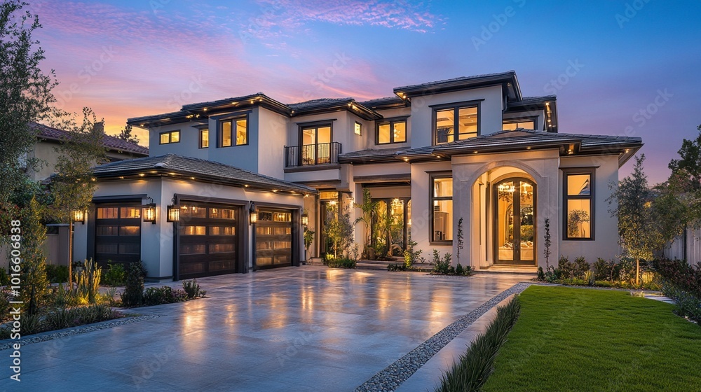 Luxurious modern mansion illuminated at twilight, featuring Mediterranean-inspired architecture, manicured lawn, and a welcoming driveway bathed in warm light. Luxurious modern mansion illuminated at twilight, featuring Mediterranean-inspired architecture, manicured lawn, and a welcoming driveway bathed in warm light.