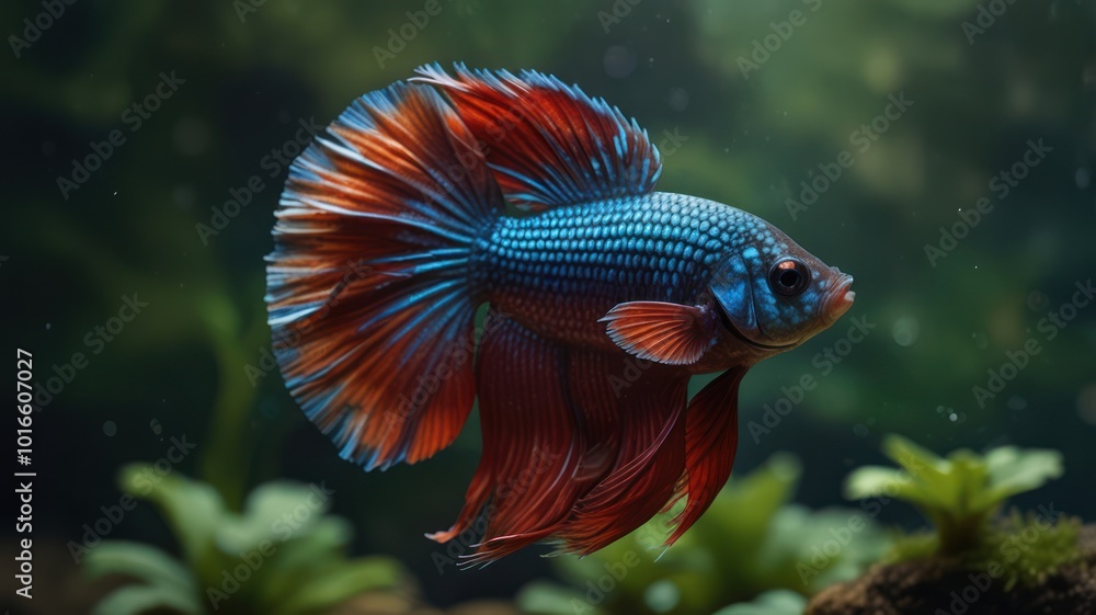A blue and red Betta fish with long flowing fins swims through a lush, green aquatic plant background. A blue and red Betta fish with long flowing fins swims through a lush, green aquatic plant background.