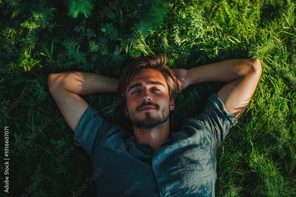 A person lying down in a green meadow, eyes closed, enjoying the outdoors. A person lying down in a green meadow, eyes closed, enjoying the outdoors.