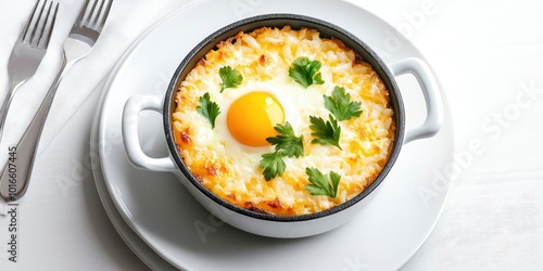 egg and rice dish, known as Keskek, in a pot on a white plate with cutlery, isolated on a white background photo