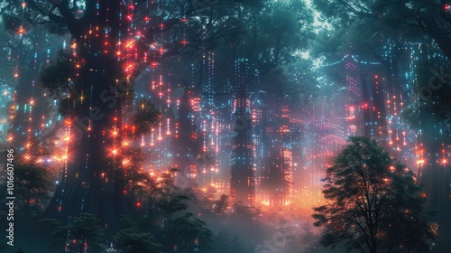 Ethereal glowing forest with glowing trees and mist, creating a magical and surreal atmosphere.