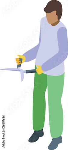 Gardener wearing gloves and holding grass shears, preparing to cut bushes