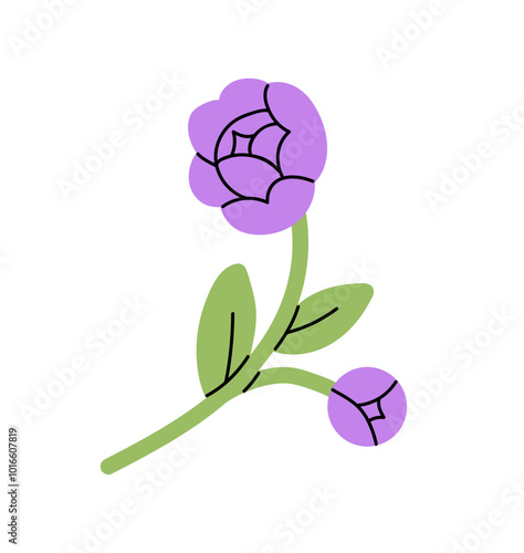 Cute twig of purple peony icon. Violet tender flower is symbol of love. Bloom plant with leaves. Blossoming buds on green stem of houseplant. Flat isolated vector illustration on white background