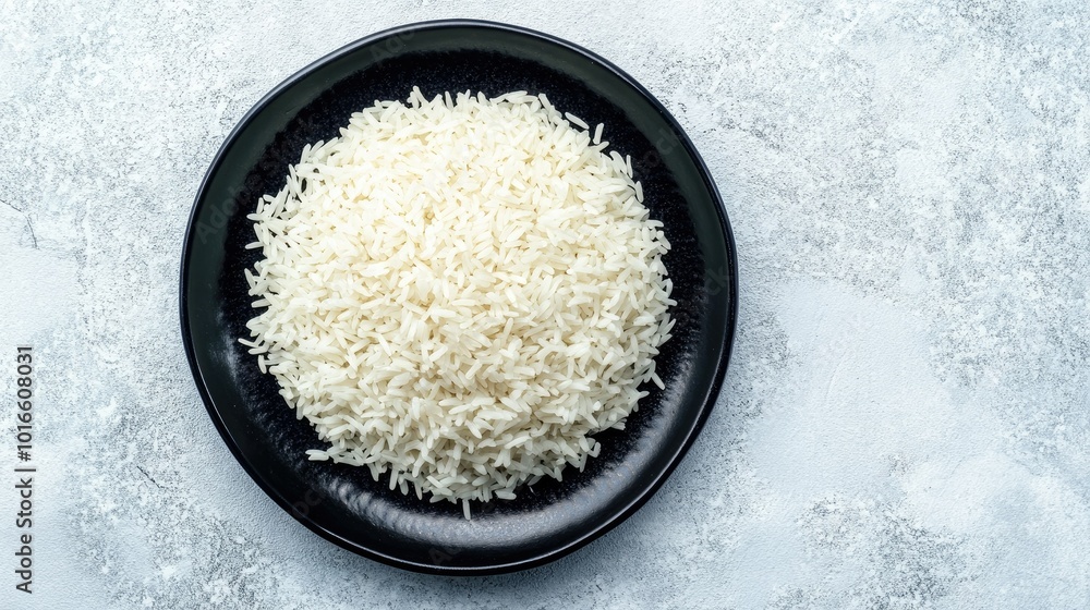Top view of raw white rice on a black plate, contrasting with a white background, copy space for emphasis Top view of raw white rice on a black plate, contrasting with a white background, copy space for emphasis
