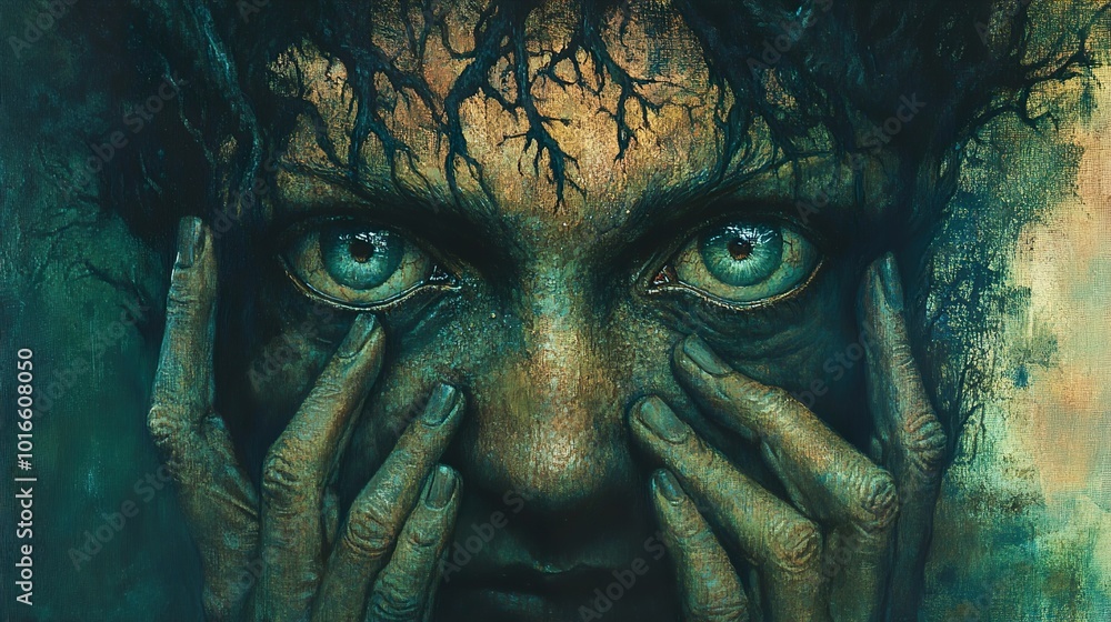 Surreal Horror Face with Green Eyes and Hands Surreal Horror Face with Green Eyes and Hands