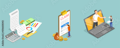3D Isometric Flat Vector Illustration of Registration Of Claim, Insurance Reimbursement