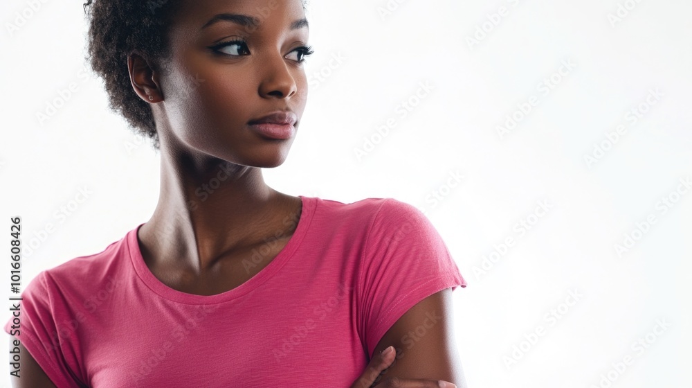 A woman poses for a photo wearing a bright pink shirt, perfect for use as a model or fashion concept image. A woman poses for a photo wearing a bright pink shirt, perfect for use as a model or fashion concept image.
