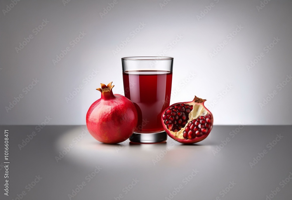 A glass of pomegranate juice and two pomegranates, one whole and one cut open, are on a light grey surface. A glass of pomegranate juice and two pomegranates, one whole and one cut open, are on a light grey surface.