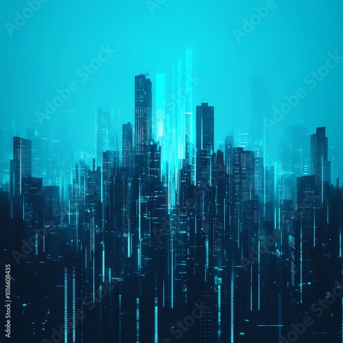 Futuristic skyline with glowing skyscrapers against a blue backdrop, creating an urban digital landscape.