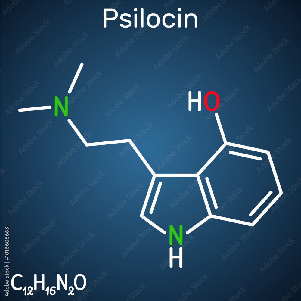 Psilocin molecule. Psychoactive compound in certain species of mushrooms. Structural chemical formula, dark blue background. Vector Psilocin molecule. Psychoactive compound in certain species of mushrooms. Structural chemical formula, dark blue background. Vector