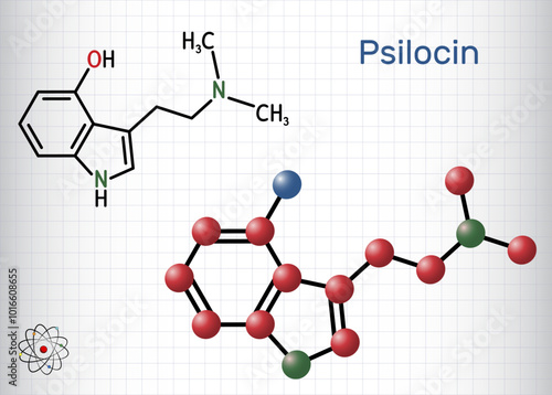 Psilocin molecule. Psychoactive compound in certain species of mushrooms. Sheet of paper in a cage. Vector