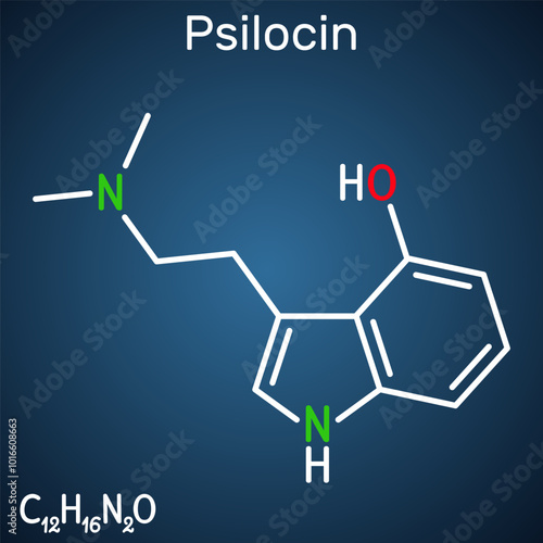 Psilocin molecule. Psychoactive compound in certain species of mushrooms. Structural chemical formula, dark blue background. Vector