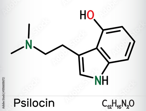 Psilocin molecule. Psychoactive compound in certain species of mushrooms. Skeletal chemical formula. Vector