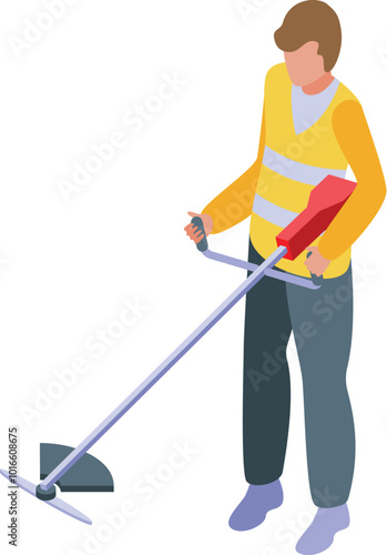 Gardener wearing a safety vest using a brush cutter with rotating head to cut grass isometric illustration
