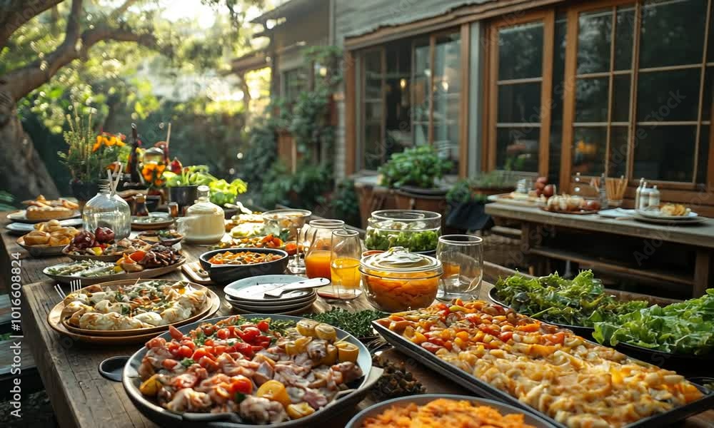 A beautifully arranged outdoor feast with various dishes and drinks. A beautifully arranged outdoor feast with various dishes and drinks.