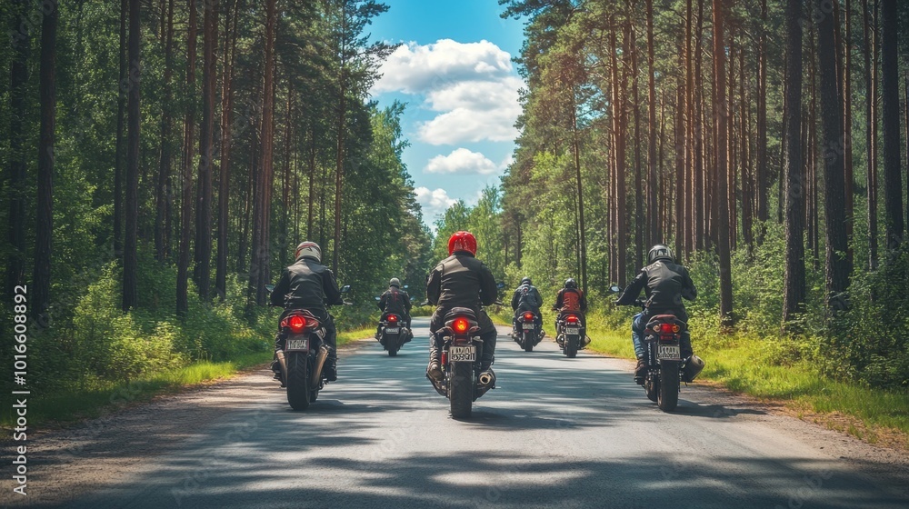A group of motorbikes on the forest road riding. having fun driving the empty road on a motorcycle tour journey. In summer against a blue sky. Concept of motorsport, speed. Back bottom view A group of motorbikes on the forest road riding. having fun driving the empty road on a motorcycle tour journey. In summer against a blue sky. Concept of motorsport, speed. Back bottom view
