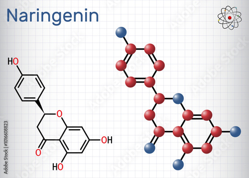 Naringenin molecule. A flavonoid found in citrus fruits with antioxidant and anti-inflammatory properties. Sheet of paper in a cage. Vector
