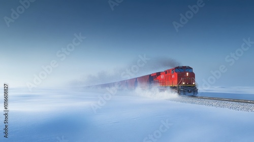 A freight train plows through deep snow on an open plain under a clear winter sky, with the vast landscape and isolated train evoking endurance and resilience.