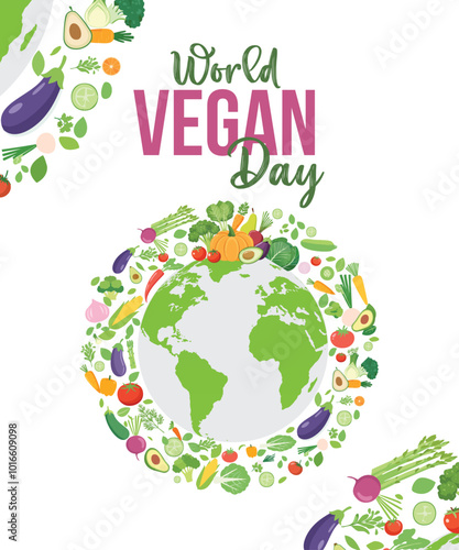 world vegan day good for world, globe with vegetable and food, vegan day celebration. flat design, logo design