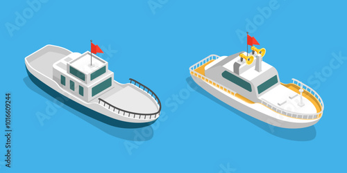 3D Isometric Flat Vector Illustration of Yachts Maritime Ships , Shipping Boats On The Sea