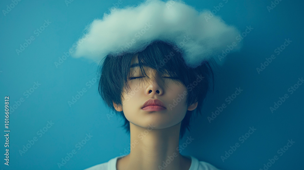 portrait of asian handsome young man with a cloud on his head portrait of asian handsome young man with a cloud on his head