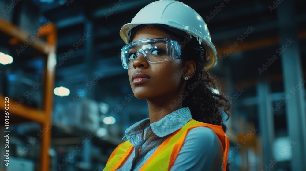 A woman wearing a hard hat and safety glasses on a construction site. A woman wearing a hard hat and safety glasses on a construction site.