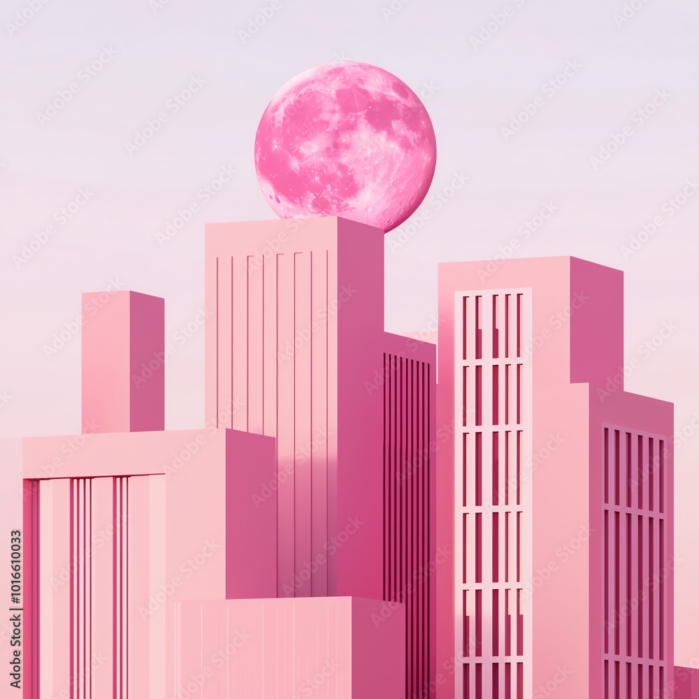 Fototapeta premium Stylized pink skyscrapers with a large pink moon, set against a soft pastel sky.