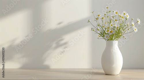 Wallpaper Mural A simple white vase holds delicate wildflowers, casting soft shadows on a light-colored surface, creating a serene and minimalistic atmosphere. Torontodigital.ca