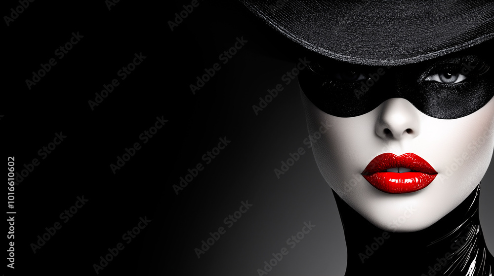 Mysterious woman in black mask and hat with red lips, dramatic lighting Mysterious woman in black mask and hat with red lips, dramatic lighting