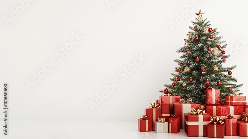 Albero di Natale circondato da regali sul lato destro dell'immagine. Lo sfondo è bianco per auguri personalizzati photo