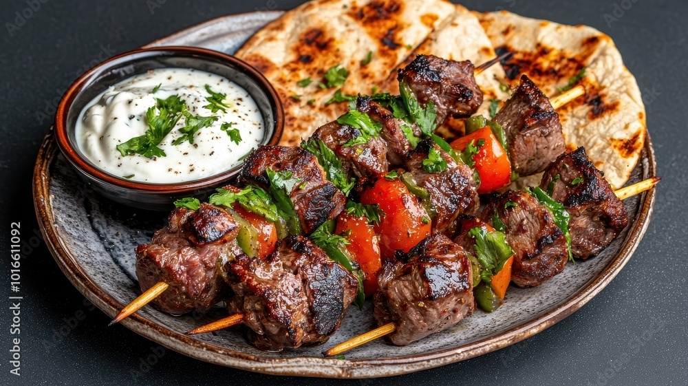 Grilled kebabs with vegetables, yogurt dip, and flatbread on a plate. Grilled kebabs with vegetables, yogurt dip, and flatbread on a plate.