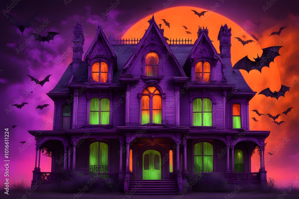 A haunted house with glowing windows bats flying in a vibrant orange and purple sky, Ai Generated A haunted house with glowing windows bats flying in a vibrant orange and purple sky, Ai Generated