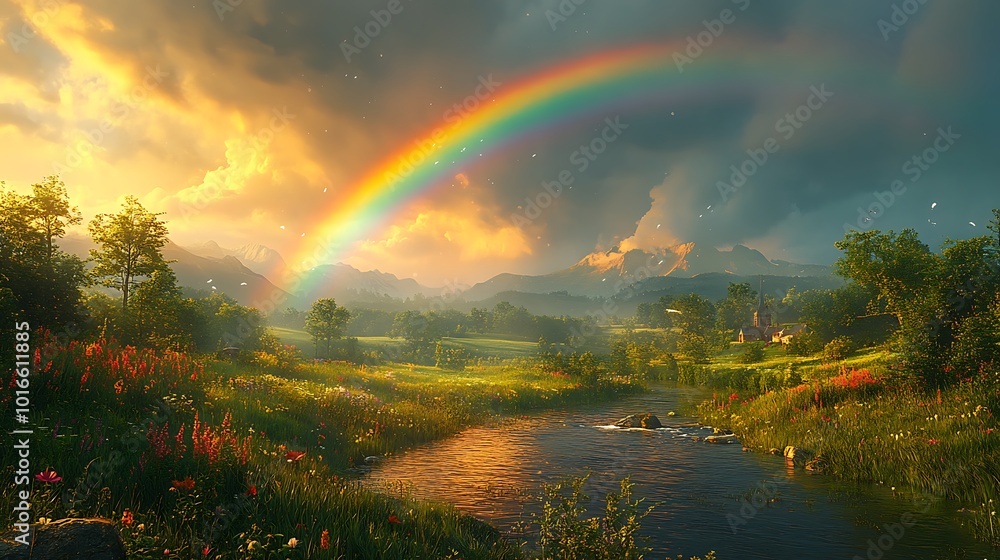 A vibrant rainbow arches over a picturesque valley with a winding river and lush green fields after a rain shower. A vibrant rainbow arches over a picturesque valley with a winding river and lush green fields after a rain shower.