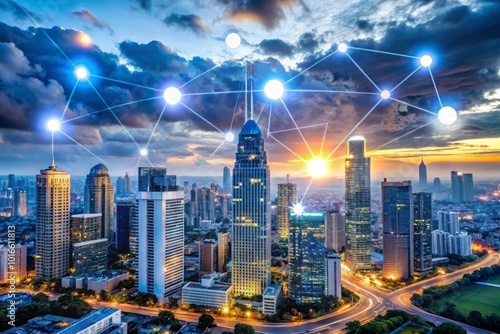 Wallpaper Mural Global data storage hologram and backup files synchronization and city view Torontodigital.ca