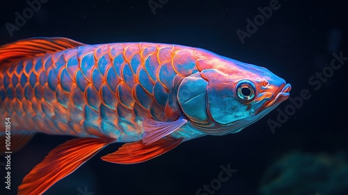 A vibrant red and blue arowana fish swims in a dark tank. photo